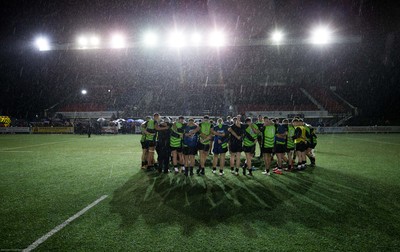 140120 - Coleg y Cymoedd v Coleg Gwent, WRU National Schools and Colleges League Final - Losing finalists Coleg y Cymoedd huddle together at the end of the match