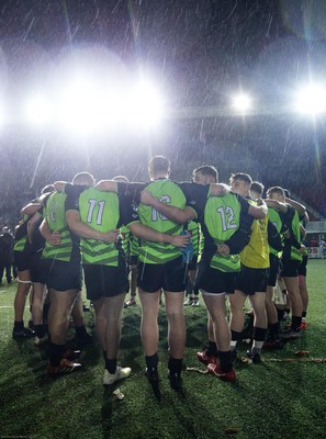 140120 - Coleg y Cymoedd v Coleg Gwent, WRU National Schools and Colleges League Final - Losing finalists Coleg y Cymoedd huddle together at the end of the match