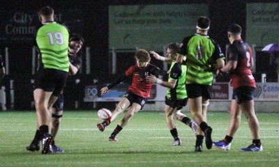 140120 - Coleg y Cymoedd v Coleg Gwent, WRU National Schools and Colleges League Final - Joe Westwood of Coleg Gwent drops goal to win the match