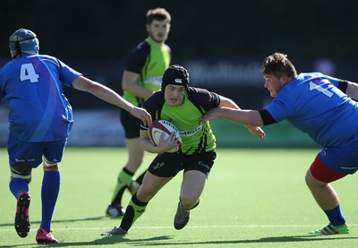 051016 - Coleg y Cymoedd v Gower College, WRU Wednesday U18 League - Cavan Slade of Coleg y Cymoedd gets between Rhys Laugaharne of Gower College and Rhys Thomas of Gower College