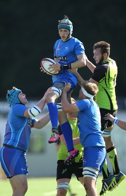 051016 - Coleg y Cymoedd v Gower College, WRU Wednesday U18 League - Rhys Laugaharne of Gower College wins the line out ball