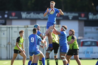 051016 - Coleg y Cymoedd v Gower College, WRU Wednesday U18 League - Will Griffiths of Gower College takes the line out ball