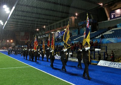 071114 - Combined Services Ladies v Cardiff Blues Ladies - Remembrance Rugby for The British Legion -Flags of the armed forces parade before kick off (c) Huw Evans Agency