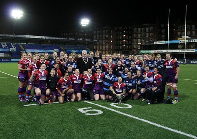 071114 - Combined Services Ladies v Cardiff Blues Ladies - Remembrance Rugby for The British Legion -Players of Combined Services Ladies and Cardiff Blues ladies join with National Chairman of The British Legion John Chrisford (L) after the final whistle(c) Huw Evans Agency