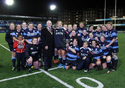 071114 - Combined Services Ladies v Cardiff Blues Ladies - Remembrance Rugby for The British Legion -Cardiff Blues ladies celebrate their win with National Chairman of The British Legion John Chrisford (c) Huw Evans Agency