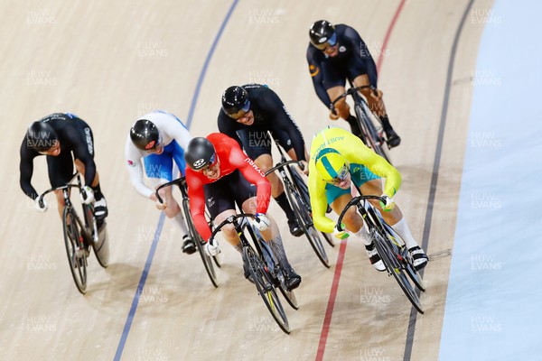060418 - Gold Coast 2018 Commonwealth Games - Track Cycling - Men's Keirin -  Matt Glaetzer of Australia with gold, Lewis Oliva of Wales with silver and Eddie Dawkins of New Zealand with bronze 