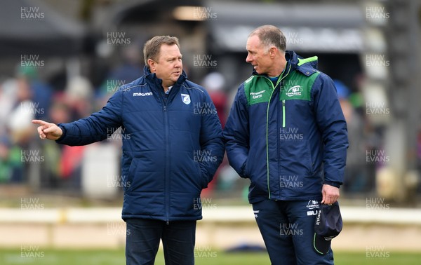 130419 -  Connacht v Cardiff Blues - Guinness PRO14 -  Cardiff Blues head coach John Mulvihill, left, speaking with Connacht head coach Andy Friend before the match