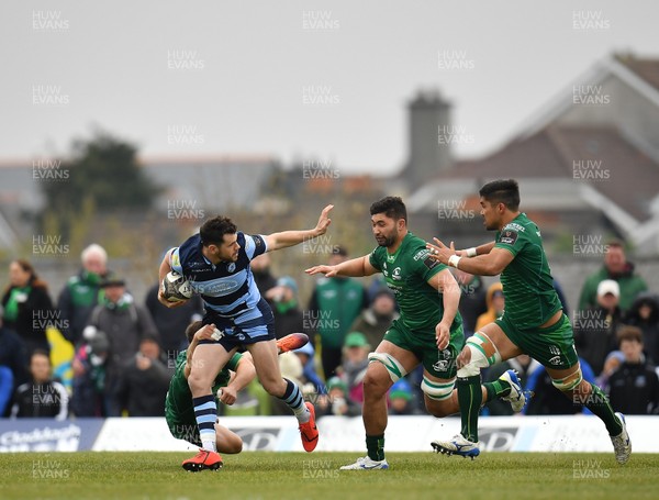 130419 -  Connacht v Cardiff Blues - Guinness PRO14 -  Tomos Williams of Cardiff Blues is tackled by Caolin Blade of Connacht 