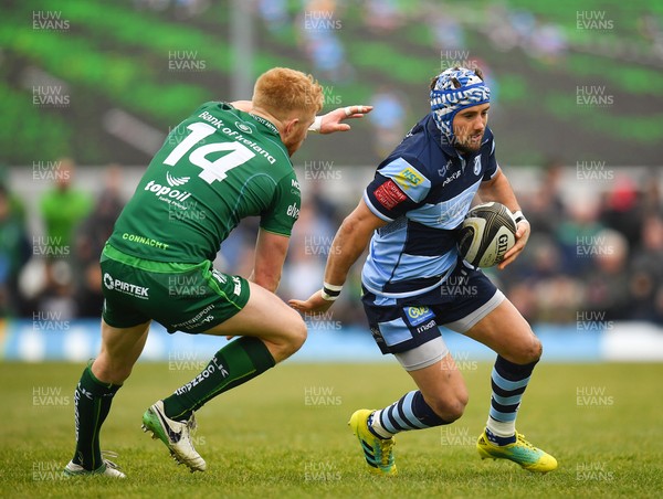 130419 -  Connacht v Cardiff Blues - Guinness PRO14 -  Matthew Morgan of Cardiff Blues in action against Darragh Leader of Connacht