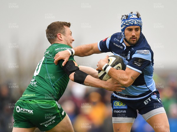 130419 -  Connacht v Cardiff Blues - Guinness PRO14 -  Matthew Morgan of Cardiff Blues in action against Jack Carty of Connacht 