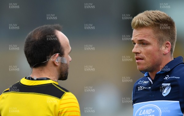 130419 -  Connacht v Cardiff Blues - Guinness PRO14 -  Gareth Anscombe of Cardiff Blues in conversation with referee Mike Adamson
