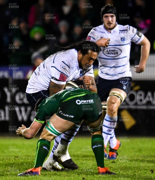 150220 - Connacht v Cardiff Blues - Guinness PRO14 -  Filo Paulo of Cardiff Blues is tackled by Paul Boyle of Connacht 