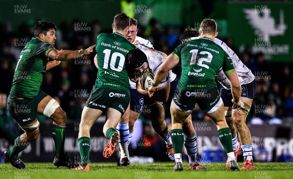 150220 - Connacht v Cardiff Blues - Guinness PRO14 -  James Ratti of Cardiff Blues is tackled by Jack Carty of Connacht