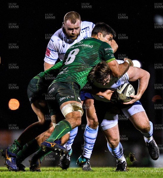 150220 - Connacht v Cardiff Blues - Guinness PRO14 -  Kristian Dacey of Cardiff Blues is tackled by Jarrad Butler of Connacht 