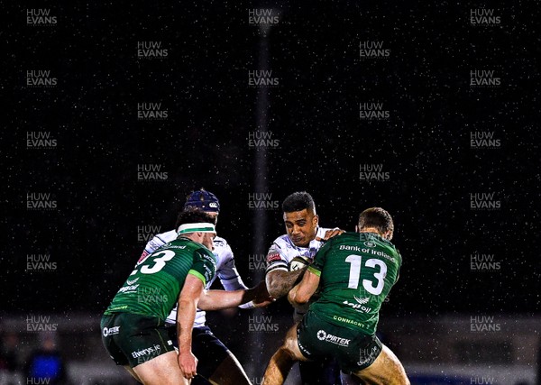 150220 - Connacht v Cardiff Blues - Guinness PRO14 -  Rey Lee-Lo of Cardiff Blues is tackled by Kyle Godwin of Connacht