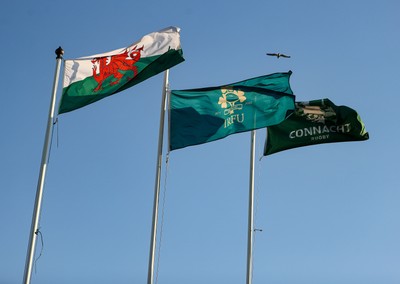 050425 - Connacht v Cardiff Rugby -EPCR Challenge Cup Round of 16 - A general view of the Welsh, IRFU, and Connacht flags before the EPCR Challenge Cup Round of 16 match between Connacht and Cardiff Rugby at Dexcom Stadium in Galway 
