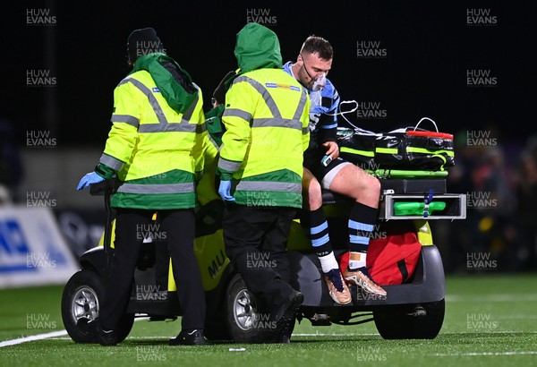 150423 - Connacht v Cardiff Rugby - United Rugby Championship - Owen Lane of Cardiff leaves the pitch on the medical buggy after picking up an injury