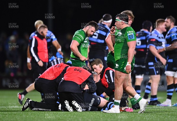 150423 - Connacht v Cardiff Rugby - United Rugby Championship - Owen Lane of Cardiff receives treatment for an injury