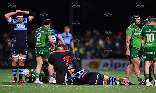 150423 - Connacht v Cardiff Rugby - United Rugby Championship - Owen Lane of Cardiff receives treatment for an injury