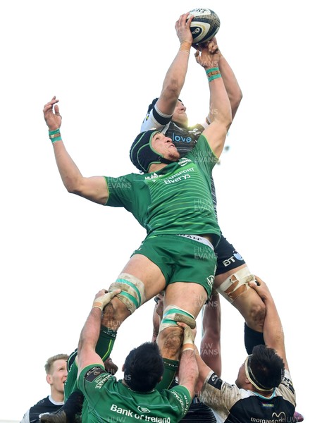 020319 - Connacht v Ospreys - Guinness PRO14 -  James King of Ospreys wins possession in the line out from Ultan Dillane of Connacht 