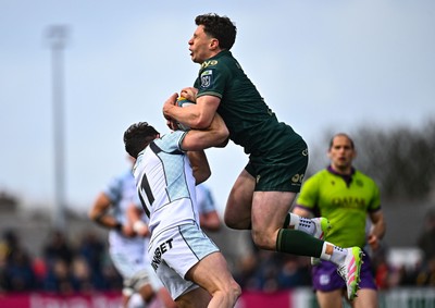 280326 - Connacht Rugby v Ospreys, United Rugby Championship - Sean Naughton of Connacht and Luke Morgan of Ospreys compete for the ball