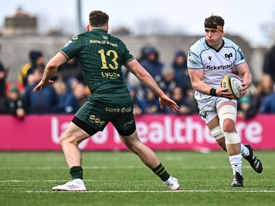 280326 - Connacht Rugby v Ospreys, United Rugby Championship - Morgan Morse of Ospreys takes on Cathal Forde of Connacht