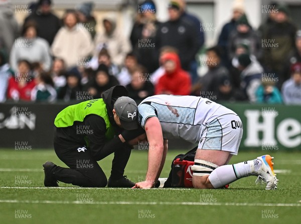 280326 - Connacht Rugby v Ospreys, United Rugby Championship - James Ratti of Ospreys receives medical attention for an injury