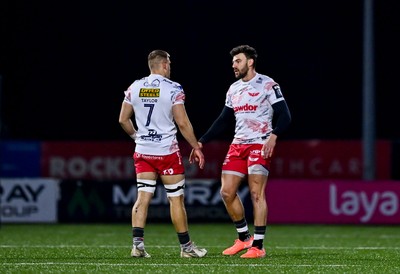130326 - Connacht v Scarlets - United Rugby Championship - Johnny Williams, right, and Jarrod Taylor of Scarlets before the United Rugby Championship match