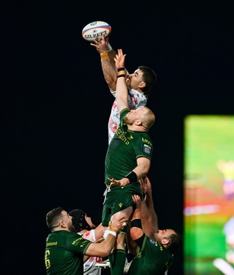 130326 - Connacht v Scarlets - United Rugby Championship - Max Douglas of Scarlets wins possession in a line-out ahead of Joe Joyce of Connacht