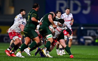 130326 - Connacht v Scarlets - United Rugby Championship - Fletcher Anderson of Scarlets is tackled by David O'Connor of Connacht