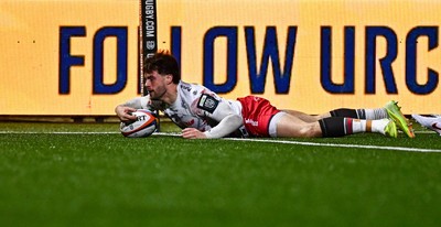 130326 - Connacht v Scarlets - United Rugby Championship - Joe Roberts of Scarlets dives over to score his side's first try