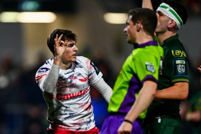 130326 - Connacht v Scarlets - United Rugby Championship - Ioan Jones of Scarlets celebrates after scoring his side's second try
