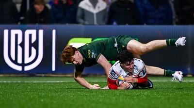 130326 - Connacht v Scarlets - United Rugby Championship - Jac Davies of Scarlets dives over to score his side's third try despite the efforts of Shane Jennings of Connacht which was subsequently disallowed
