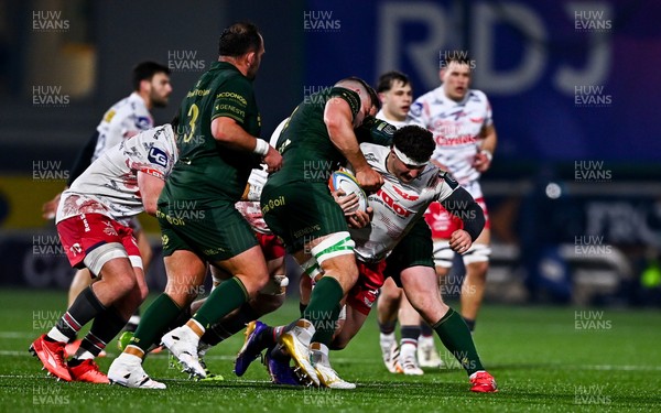 130326 - Connacht v Scarlets - United Rugby Championship - Fletcher Anderson of Scarlets is tackled by David O'Connor of Connacht