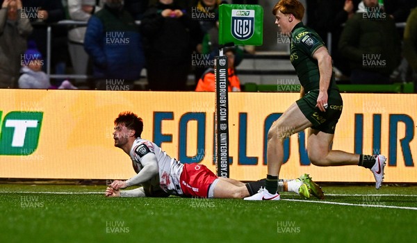 130326 - Connacht v Scarlets - United Rugby Championship - Joe Roberts of Scarlets dives over to score his side's first try