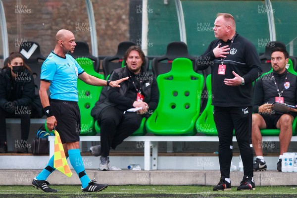 070721 - Connah's Quay Nomads v FC Alashkert - UEFA Champions League First Qualifying Round First Leg - Connah’s Quay Nomads manager Andy Morrison talks with the assistant referee