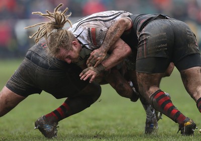 060414 - Cornish Pirates v Pontypridd, British and Irish Cup Quarter Final - Pontypridd's Wayne O'Connor is tackled by Pirates' Jack Andrew and Pirates' Ben Prescott