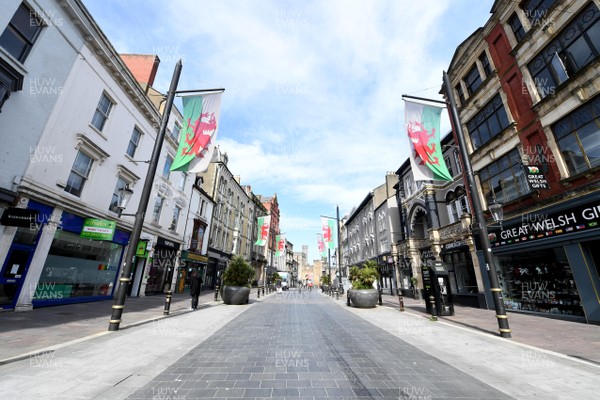230320 - Coronavirus Outbreak - General view of deserted streets around Cardiff City centre during Monday morning