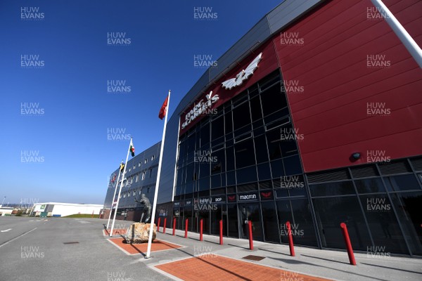 270320 -  A general view of Parc y Scarlets rugby stadium, Llanelli as construction work takes place in preparation for the installation of hospital beds during the worldwide coronavirus pandemic 