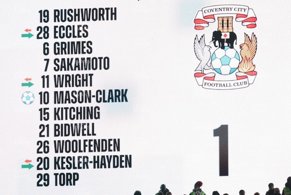 261225 - Coventry City v Swansea City - Sky Bet Championship - Coventry team on the scoreboard