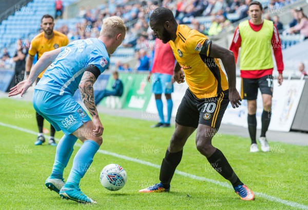 190817 - Coventry City v Newport County - Sky Bet League 2 - Coventry City defender Jack Grimmer (2) Newport County forward Frank Nouble (10) challenge for a loose ball