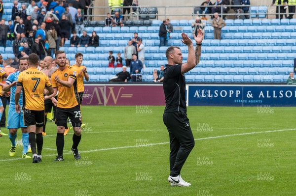 190817 - Coventry City v Newport County - Sky Bet League 2 - Newport County manager Michael Flynn applauds the traveling fans after the 1-0 away win at Coventry City