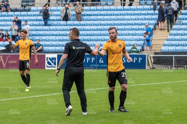 190817 - Coventry City v Newport County - Sky Bet League 2 - Newport County manager Michael Flynn congratulates Newport County defender Mark O'Brien (25) after the 1-0 away win at Coventry City