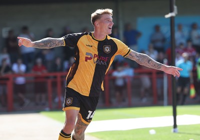 080825 - Crawley Town v Newport County, EFL Sky Bet League 2 - Kai Whitmore of Newport County celebrates after scoring the first goal