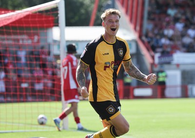 080825 - Crawley Town v Newport County, EFL Sky Bet League 2 - Kai Whitmore of Newport County celebrates after scoring the first goal