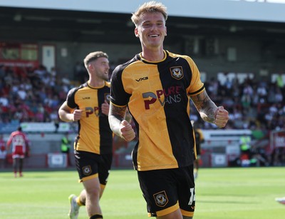080825 - Crawley Town v Newport County, EFL Sky Bet League 2 - Kai Whitmore of Newport County celebrates after scoring the first goal