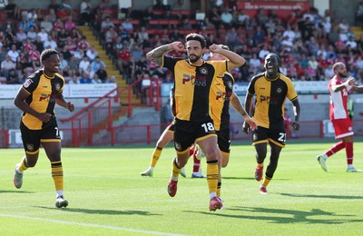 080825 - Crawley Town v Newport County, EFL Sky Bet League 2 - Liam Shephard of Newport County celebrates after he scores the second goal