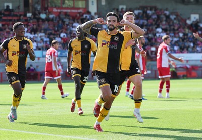080825 - Crawley Town v Newport County, EFL Sky Bet League 2 - Liam Shephard of Newport County celebrates after he scores the second goal