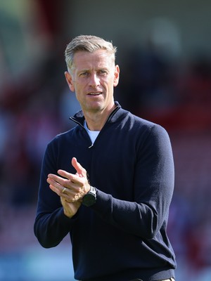 080825 - Crawley Town v Newport County, EFL Sky Bet League 2 - Newport County head coach David Hughes applauds the fans at the end of the match