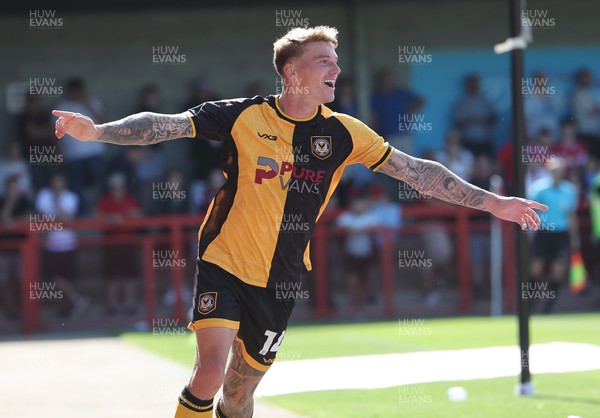 080825 - Crawley Town v Newport County, EFL Sky Bet League 2 - Kai Whitmore of Newport County celebrates after scoring the first goal